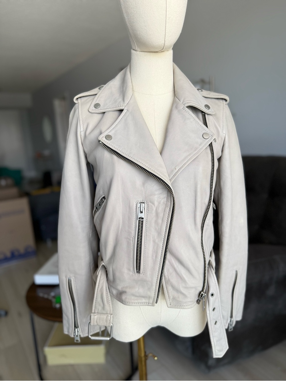 All Saints Light Gray Leather Moto Jacket